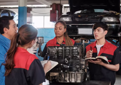 Expert mechanic discussing with his students the essentials of engine repair